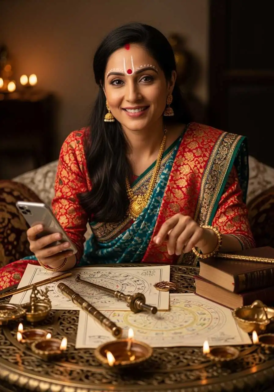 Astrologer with kundali charts and diyas